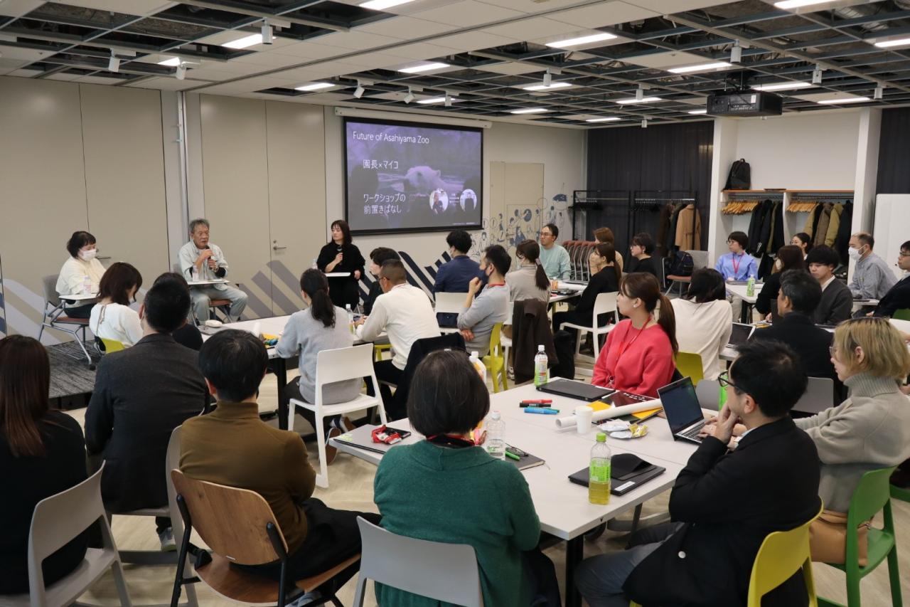ワークショップ開催のきっかけについて語る坂東園長、フジッコ・豊田さん、WORK MILL・岡本